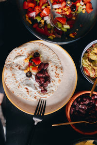 High angle view of food served on table