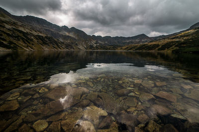 Scenic view of lake and mountains against sky