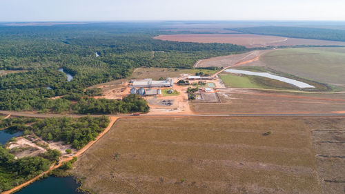 Aerial view of amazonian landscape agricultural fields bordering remains of rainforest