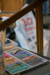 High angle view of paintbrushes on table