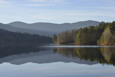 Scenic view of lake by trees against sky