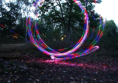 Light trails on field against trees in park