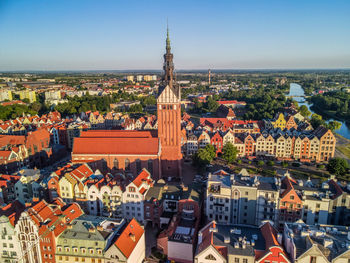 High angle view of buildings in city, aerial view of the old town in elblag, poland