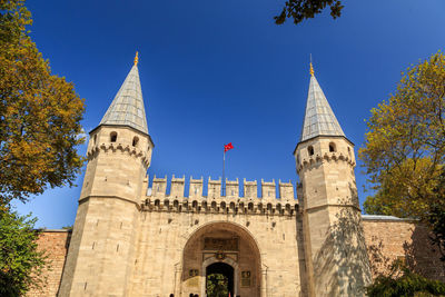 Low angle view of historical building against sky