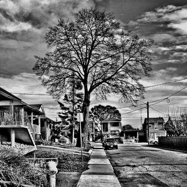 architecture, building exterior, built structure, sky, tree, bare tree, house, the way forward, cloud - sky, cloud, transportation, residential structure, cloudy, road, street, residential building, town, day, outdoors, branch