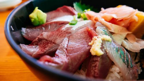 Close-up of seafood in bowl on table