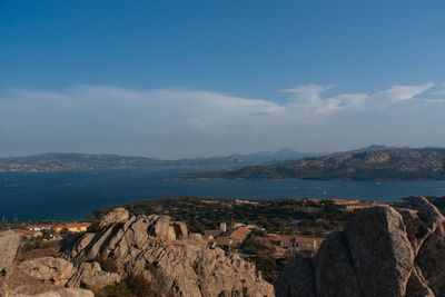 Panoramic view of sea and mountains against sky