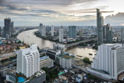 High angle view of buildings against sky in city