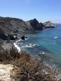 Scenic view of sea against clear blue sky