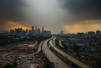 High angle view of traffic on highway at sunset