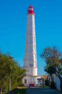 Low angle view of lighthouse by building against clear blue sky