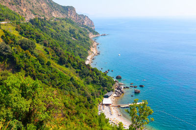 Aerial panorama of coastal mountains and sea . jaz beach budva montenegro