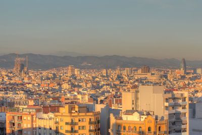 High angle view of townscape against sky during sunset