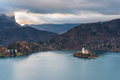 Island in lake bled. dreamlike atmosphere for the church of s. maria assunta. slovenia