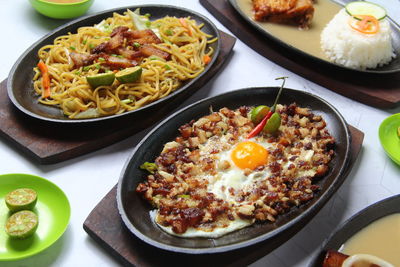 High angle view of meal served on table