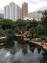 River by buildings in city against sky