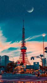 View of communications tower at night