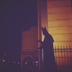 Silhouette person standing by railing against building at night