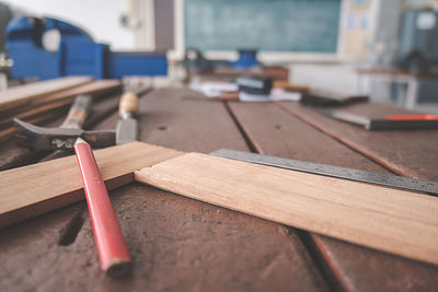 Close-up of wooden planks on table