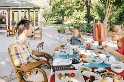 Rear view of friends sitting on table