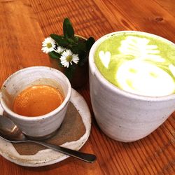 Close-up of coffee cup on wooden table