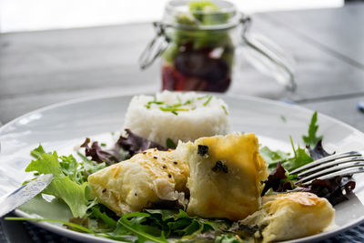 Close-up of food served on table