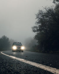 Road by trees against sky during foggy weather