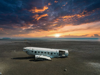 Aerial view of the old crashed plane abandoned on solheimasandur beach near vik,iceland.