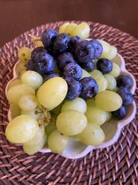 High angle view of fruits in basket on table