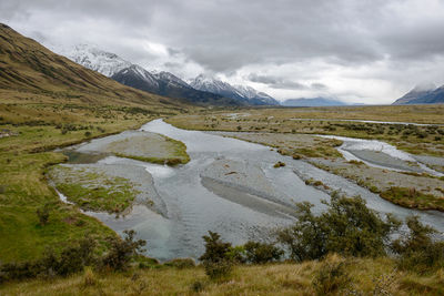 Scenic view of snowcapped mountains against sky