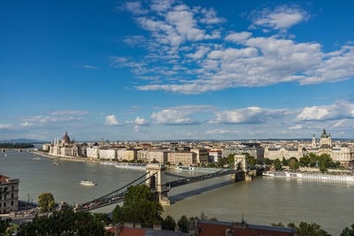 High angle view of city at riverbank