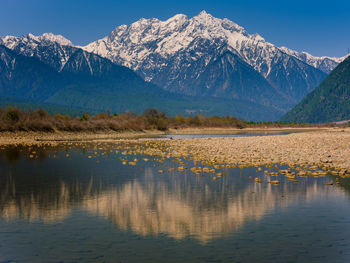 Scenic view of lake by snowcapped mountains against sky