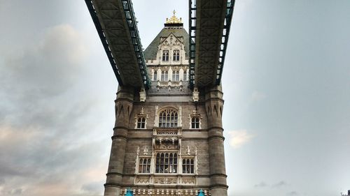 Low angle view of bell tower against cloudy sky