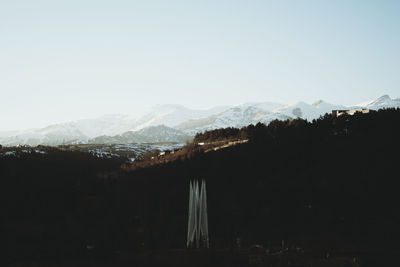 Scenic view of snowcapped mountains against clear sky