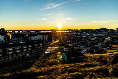 High angle view of buildings against sky during sunset