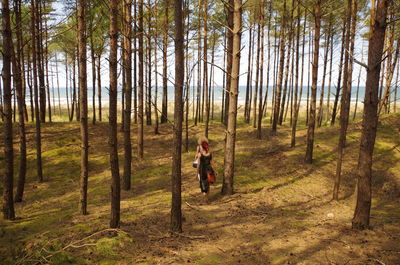 Man riding motorcycle on dirt road amidst trees in forest