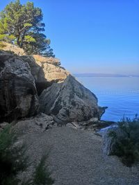 Rock formation on beach against clear blue sky