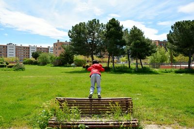 Rear view of boy playing in the park in a bench full of plants