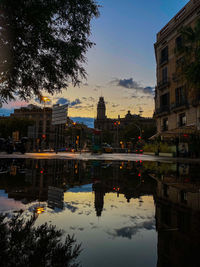 Reflection of buildings in lake against sky