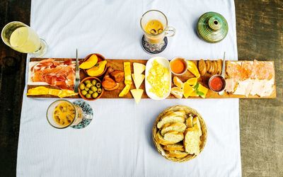 High angle view of food served on table