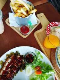 High angle view of meal served on table