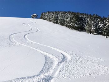 Scenic view of snow covered land against sky