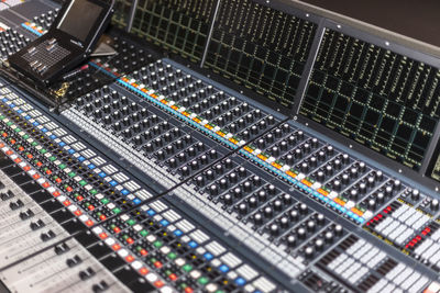 High angle view of sound mixer at recording studio
