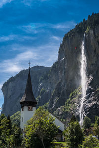 Lauterbrunnen church and staubbach waterfall, switzerland