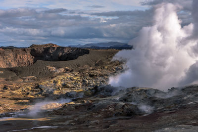 Smoke emitting from volcanic mountain against sky