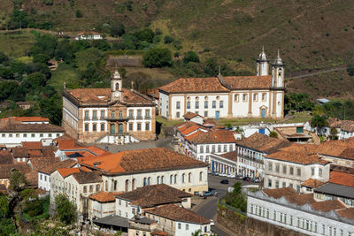 High angle view of buildings in town