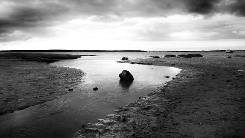 Scenic view of beach against cloudy sky