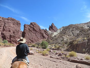 Rear view of man riding horse on barren landscape