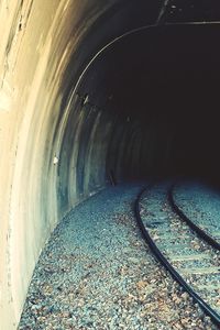High angle view of railroad tracks in tunnel
