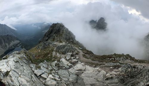 Panoramic view of volcanic mountain against sky